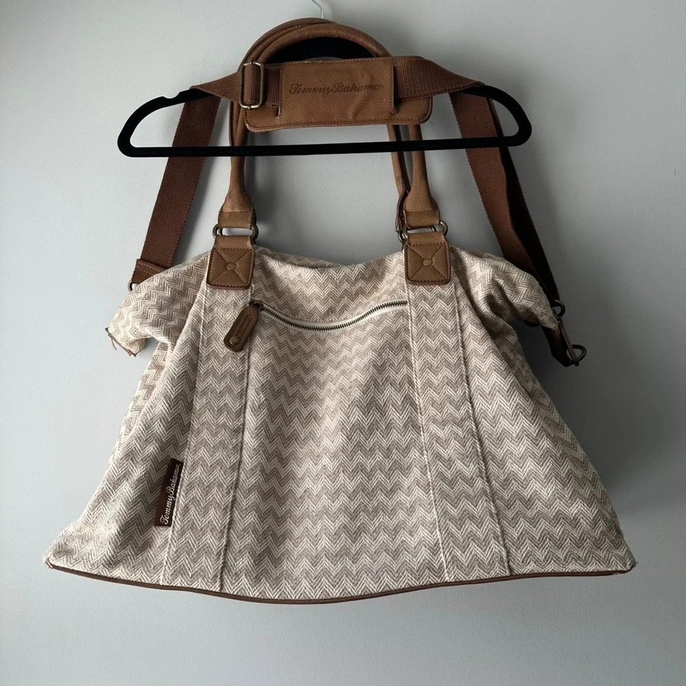 Tommy Bahama Tote Bag Womens Large Tan Chevron Woven Good Crossbody Travel